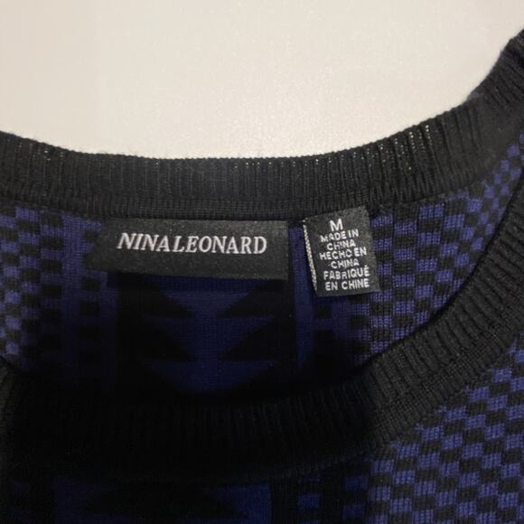 Nina Leonard Medium Sweater Dress Black Blue Geometric Print 3/4 Sleeve Stretch - Picture 5 of 11